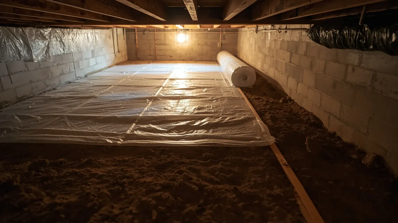 Polyethylene vapor barrier partly unrolled across the bare soil of a crawl space